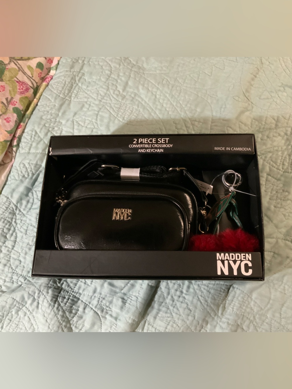 Madden NYC Black Crossbody Bag with Keychain Set
